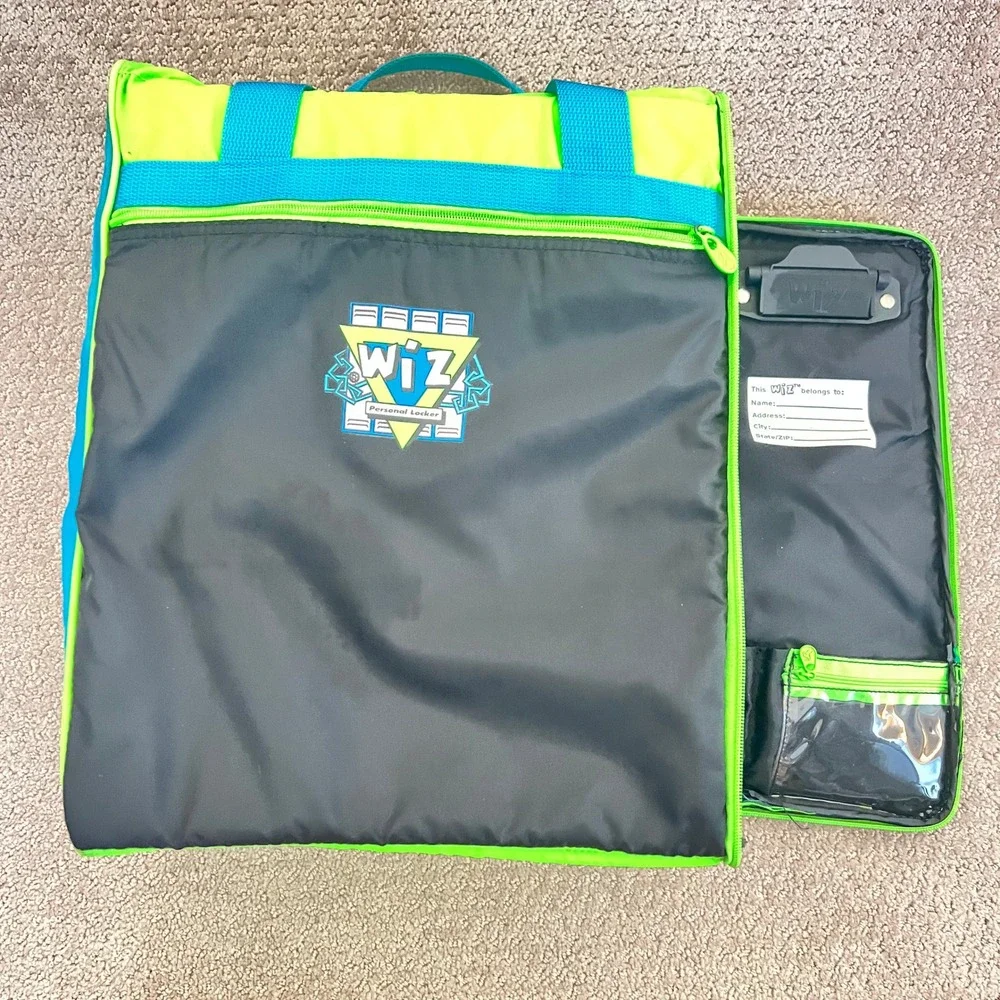 Vtg SGI Wiz Personal Locker Backpack Organizer Neon Grn Blue 90s Kid Bag 15x12x6